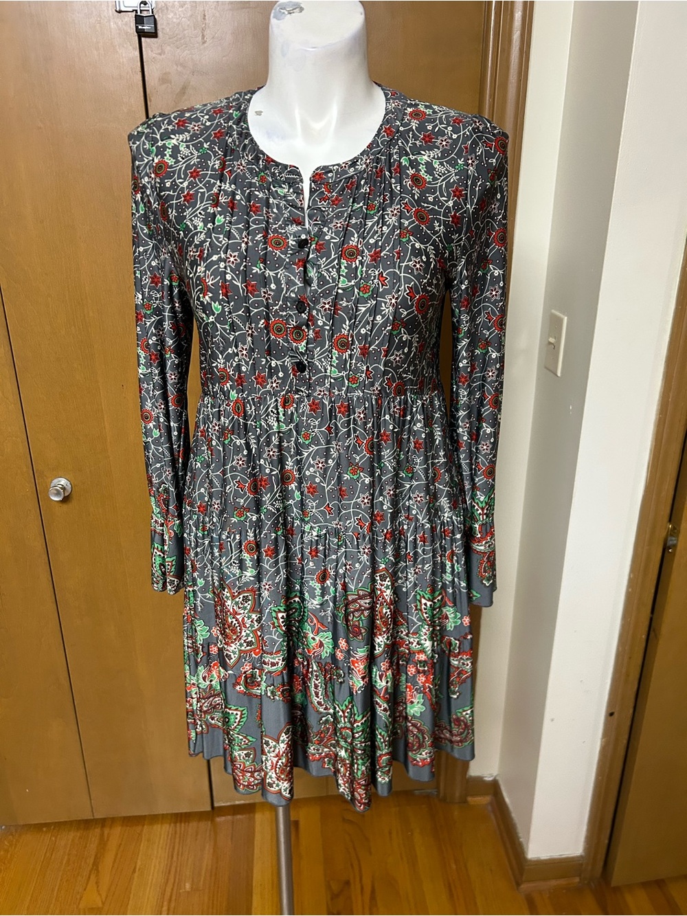 Reborn Gray Floral Long-Sleeve Midi Dress with Red and Green Accents
